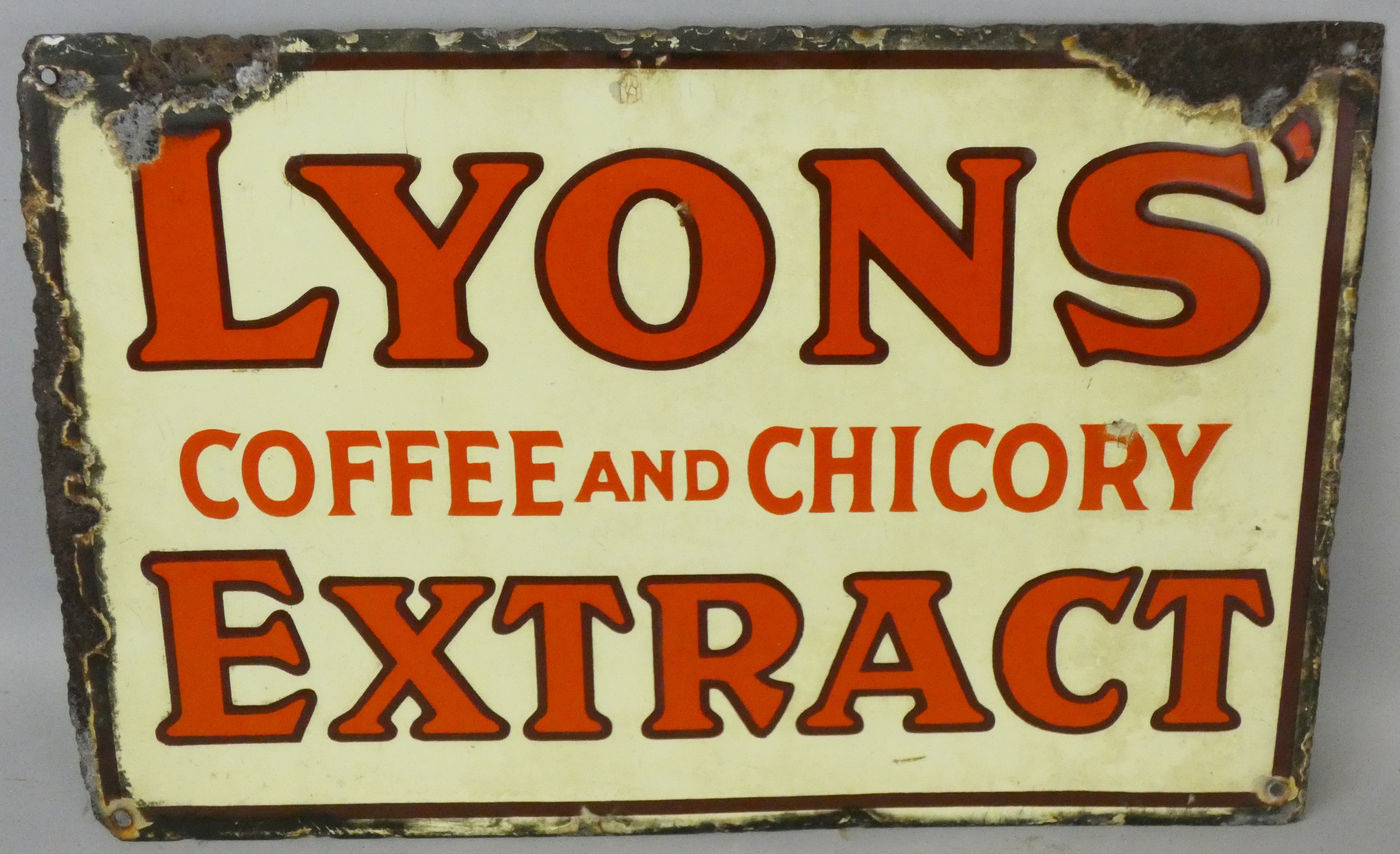 A vintage enamel double sided wall mounted sign for Lyons Coffee and Chicory Extract, 30 x 45.5cm.