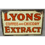 A vintage enamel double sided wall mounted sign for Lyons Coffee and Chicory Extract, 30 x 45.5cm.