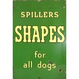 A vintage enamel single sided wall mounted sign for Spillers Shapes for all dogs, 76 x 51cm.