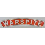 A reproduction brass and red enamel nameplate 'Warspite', 70 x 10 cm.