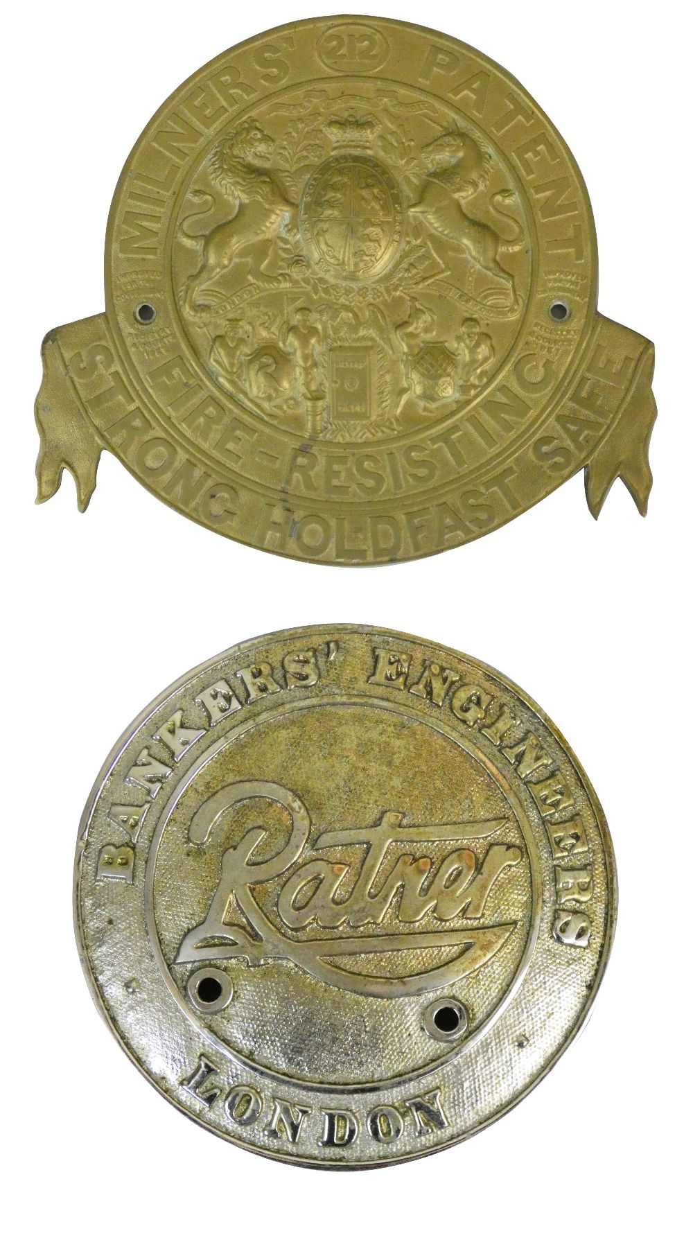 A brass safe plate 'Milners' Patent No. 212...', 25 x 23cm, together with a Ratner safe plate,
