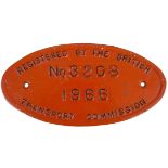 A locomotive registration plate 'Registered by the British Transport Commission No. 3208, 1966',