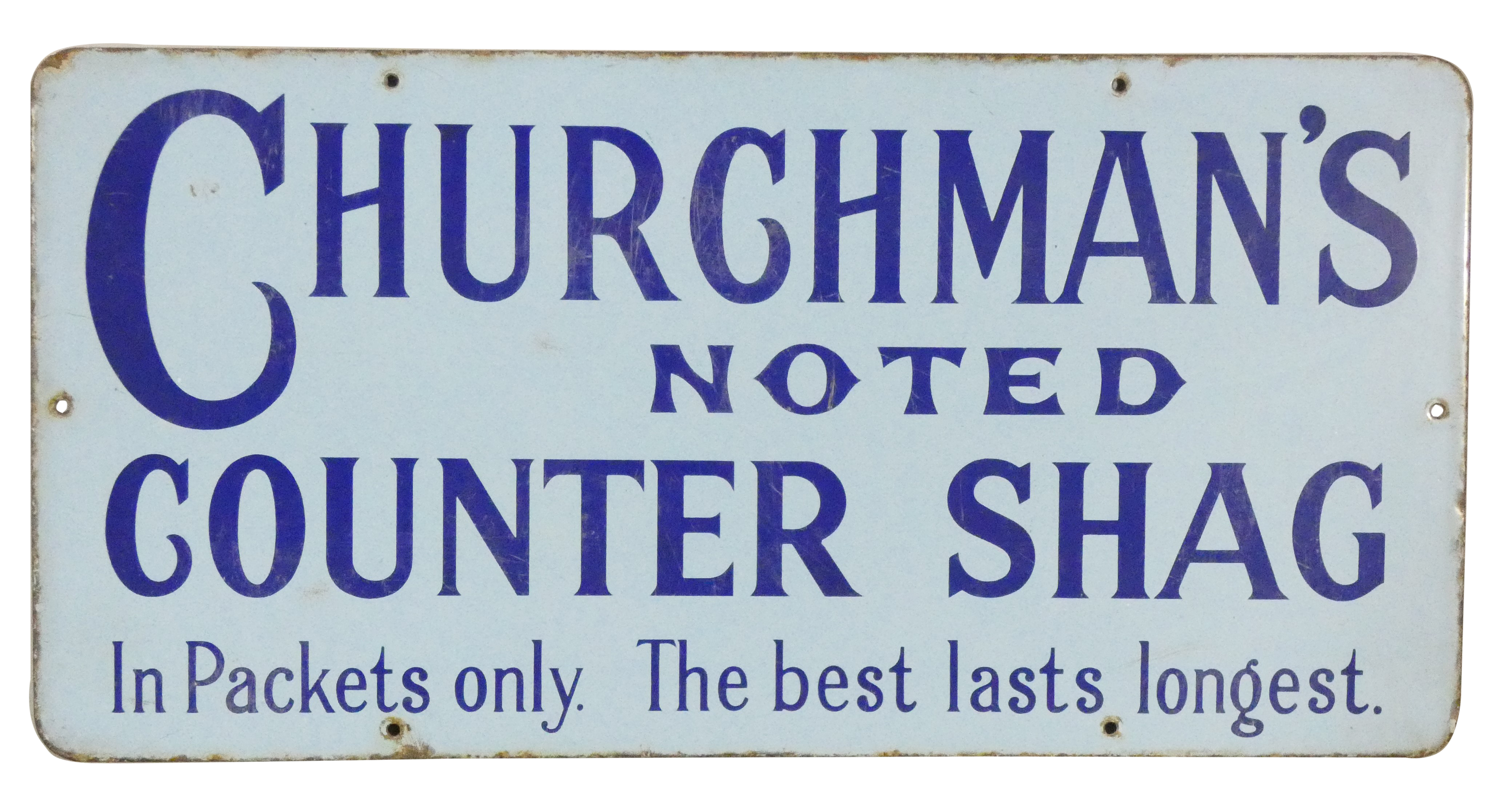 A vintage enamel single sided wall mounted sign Churchman's noted counter shag, 'The best lasts