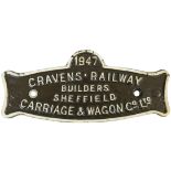 A wagon plate 'Cravens Railway Builders Sheffield Carriage & Wagon Co. Ltd', 1947, 26 x 11cm.