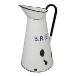 A B.R. (E) white and blue enamel water pitcher, height 38cm.