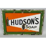 A vintage rectangular single sided enamel wall mounted sign for Hudson's Soap, 21.5 x 33cm.