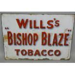 A vintage rectangular single sided enamel wall mounted sign for Wills's Bishop Blaze Tobacco, 29.5 x
