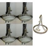 Four contemporary Art Deco style ceiling lamps, with frosted grass bowls, diameter 60cm, together