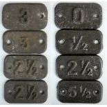 Eight cast iron number plaques, Nos. 0, ½, 2½ (x3), 3 (x2) and 5½ (8).