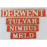 Four reproduction alloy and red enamel nameplates, 'Meld', 'Nimbus', 'Tulyar' and 'Derwent' (4)