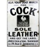 A vintage enamel wall mounted sign for Ask Your Boot Maker for Cock Sole Leather, 61 x 38cm.