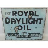 A vintage enamel double sided hanging sign for Use Royal Daylight Oil, 46 x 56cm.