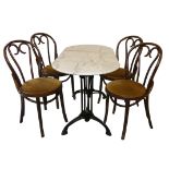 A rectangular marble topped cast iron table with four Bentwood upholstered chairs, length 120cm,