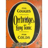 A vintage enamel single sided wall mounted sign for Owbridge's Lung Tonic, 61 x 41cm.