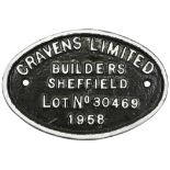 A wagon plate 'Cravens Limited Builders Sheffield Lot No. 30469', 1958, width 17.5cm, height 11.