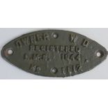 A wagon plate 'Owner W. D. Registered L.M.S. No. 1112, 1944', 23 x 10 cm.