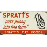 A vintage enamel single sided wall mounted sign for Spratts puts pussy into fine form!, 30.5 x