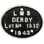 A wagon plate 'LMS Derby Lot No. 1332, 1942', 12 x 10cm.