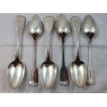 A George III silver set of six fiddle pattern table spoons, London 1822, initialled, weight 14 oz.