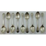 A George III Provincial silver set of six fiddle pattern dessert and nine tea spoons, by Ker Reid,