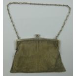 A silver mesh purse, Birmingham 1924, with calf skin liner and chain handle.
