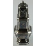 A silver sugar castor, Sheffield 1942, of square baluster form, with pierced pull off cover,