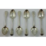 A George III silver set of six fiddle pattern tea spoons, London 1822, crested, weight 4 oz.