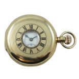 A 9ct rose gold keyless wind half hunter pocket watch, by J.W. Benson, London 1936, the white enamel