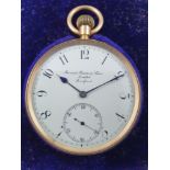 An 18ct gold keyless wind open face pocket watch, by Menroah Rhodes & Sons, Bradford, London 1915,