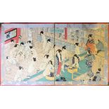 A Japanese four fold woodblock panel, signed, depicting a wash room with naked ladies, 21 x 43 cm.