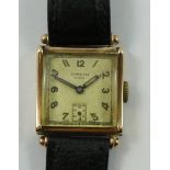 Dunklings, a 9ct gold manual wind gentleman's wristwatch, c. 1953, the square silvered dial with