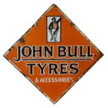 A vintage vitreous enamel hanging advertising sign, John Bull Tyres, 51 x 51 cm.