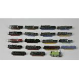 Nineteen enamel pin badges depicting steam and diesel locomotives, including L.M.R. Rebuilt Royal