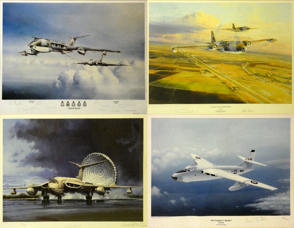 Four limited edition signed and framed aviation prints, including "Canberras over Cambridgeshire",