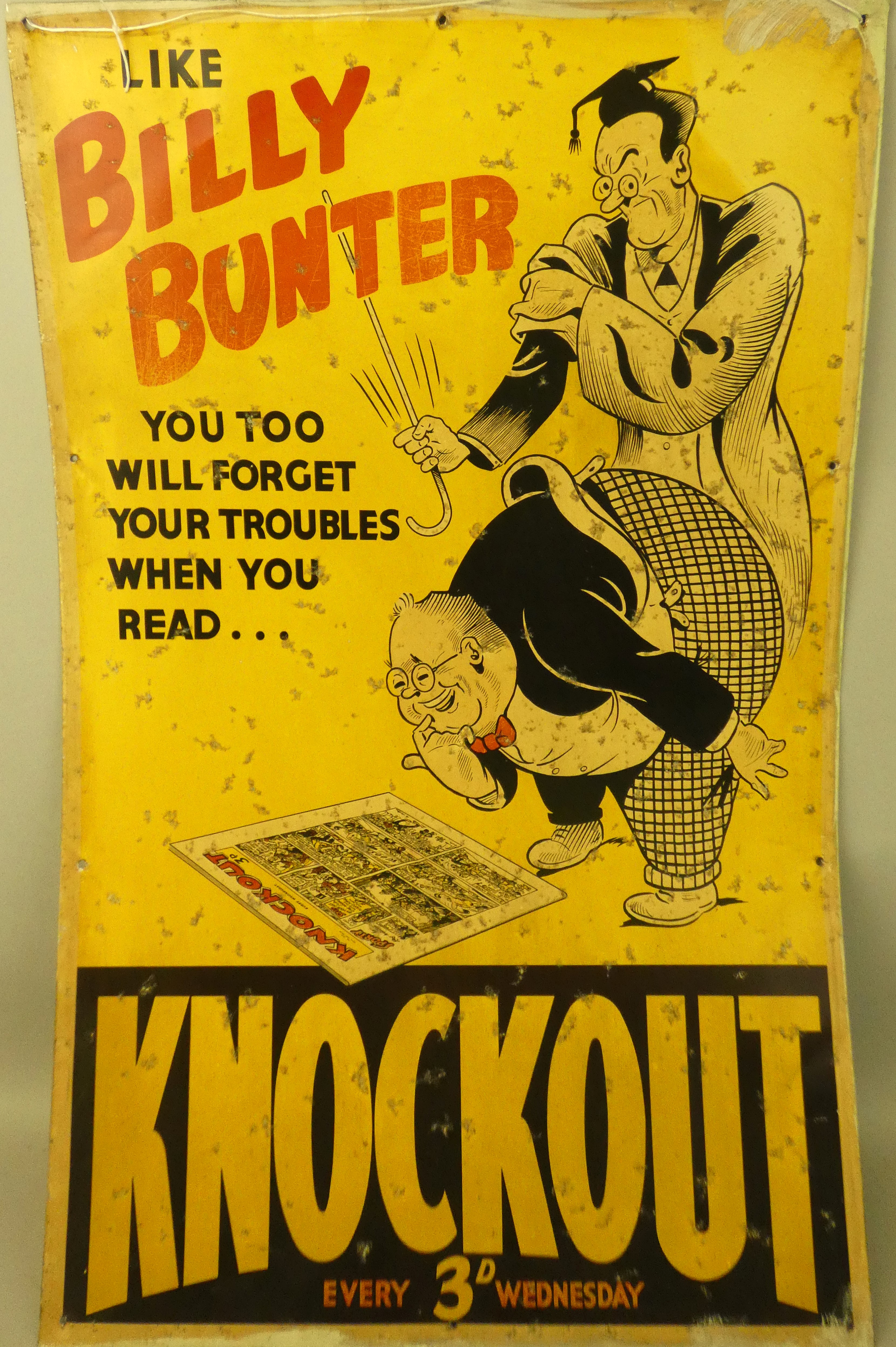 A tinplate Billy Bunter Knockout Comic advertising sign, circa 1950's/60's, 74 x 50cm.