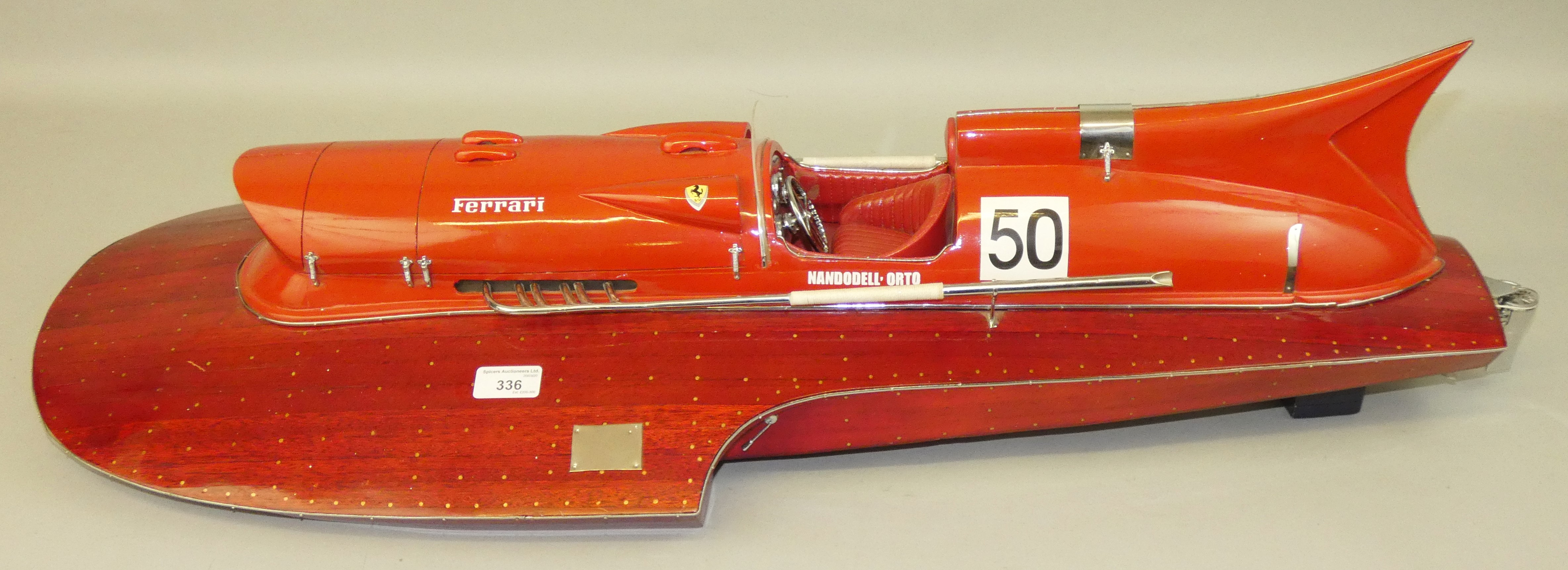 A model of Castoldi's 1953 Ferrari Hydroplane, with planked wooden hull and padded leather set. - Image 2 of 3