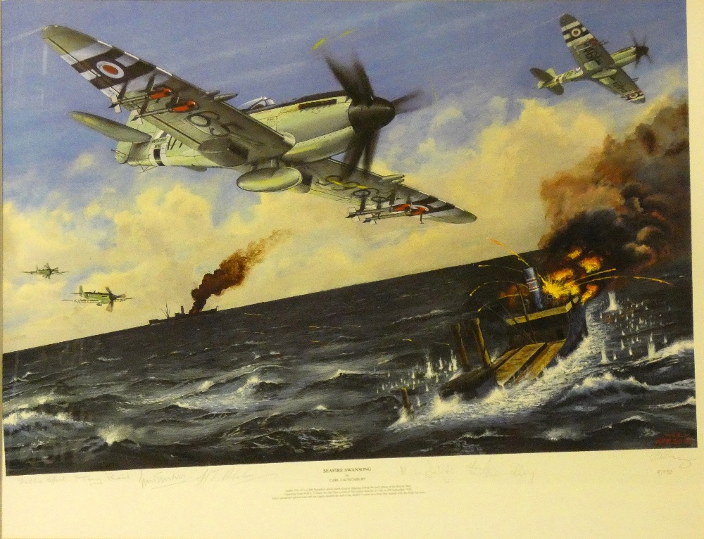 Four framed prints of Naval and RAF Aircraft, "SeaFury - MIG Encounter" by Robert Taylor signed by - Image 14 of 24