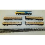 Three Hornby LNER 22357 coaches and a Sleeping Car, together with an Inter-City 125 loco and a