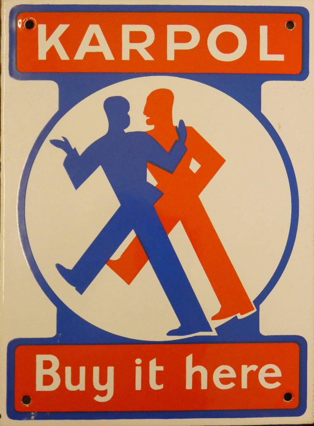 A vitreous enamel single sided advertising sign, Karpol Buy it here, 25 x 18 cm. Provenance;