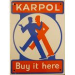 A vitreous enamel single sided advertising sign, Karpol Buy it here, 25 x 18 cm. Provenance;