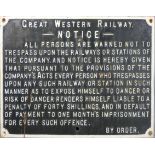 A cast iron Great Western Railway Notice, 'All persons are warned not to trespass on the railways or