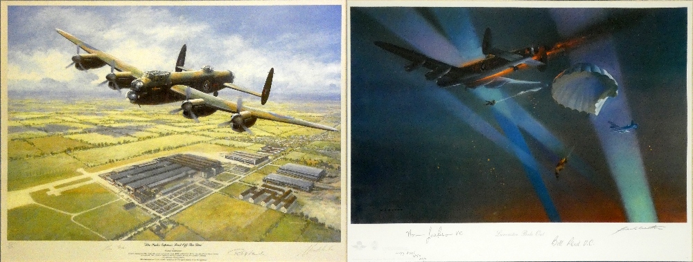 Lancaster Bale Out by Frank Wootton framed limited edition print, No. 809/850, signed by Norman