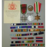 A Maginot line badge marked "On ne passe pas", a WWII Italy Star, a 1939-1945 war medal together