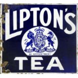 An enamel double sided advertising sign for Liptons Tea, with white lettering on blue ground with