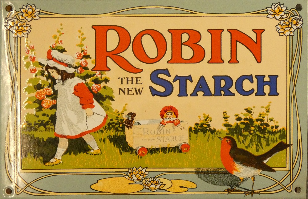 A vitreous enamel single sided advertising sign, Robin the new Starch, 17 x 26 cm. Provenance;