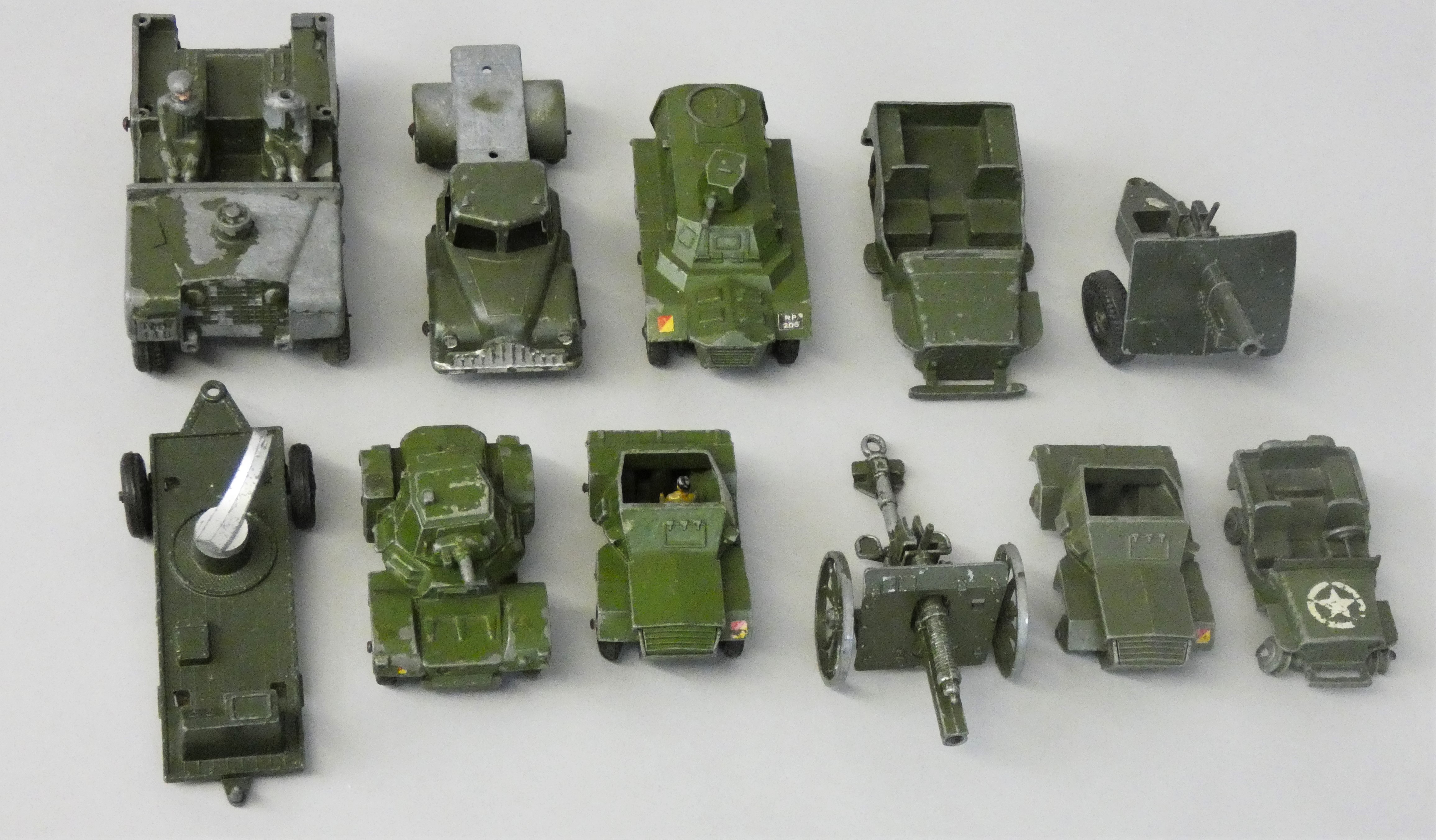 Thirteen army related die-cast vehicles, to include Dinky No. 670 Armoured Car, No. 673 Scout Car (