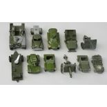 Thirteen army related die-cast vehicles, to include Dinky No. 670 Armoured Car, No. 673 Scout Car (