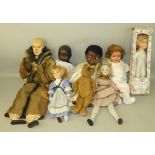 Two boxes of dolls and teddy bears, including a German bisque head doll, a composite doll marked "