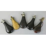 Four leather covered powder flasks, one by James Dixon of Sheffield, one by W. Bartram together with