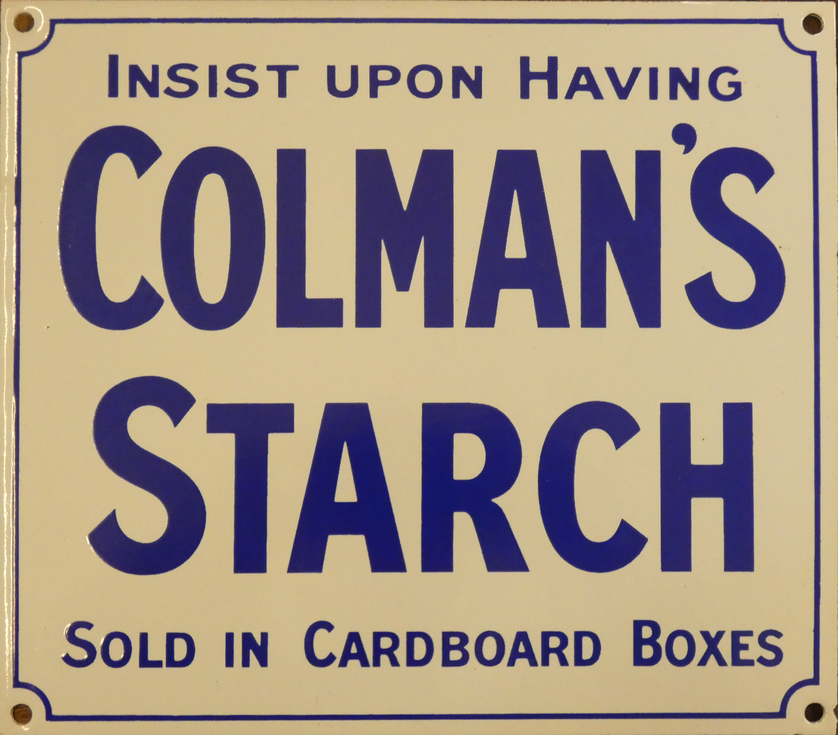 A vitreous enamel single sided advertising sign, Colman's Starch, 20 x 23 cm. Provenance; unused